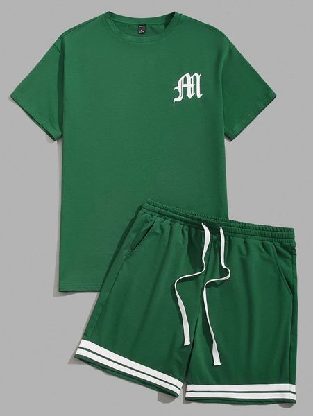 

men letter graphic tee & striped pattern track shorts set s9ke#, Gray