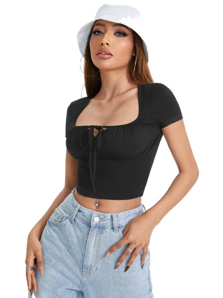 

petite ruched bust scoop neck tie front crop g17u#, White
