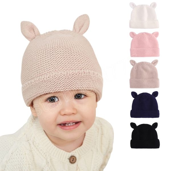 

cute baby cap with ears autumn winter knitted newborn infant hat outdoor warm kids girls boys beanie solid color hats, Yellow