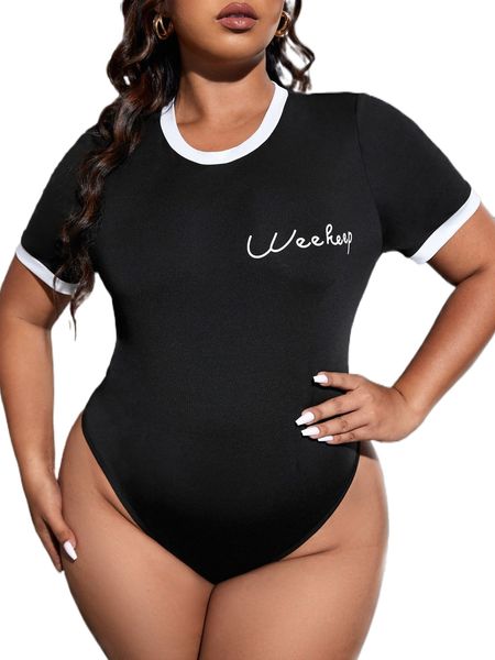 

plus letter graphic contrast trim bodysuit m8bl#, Black