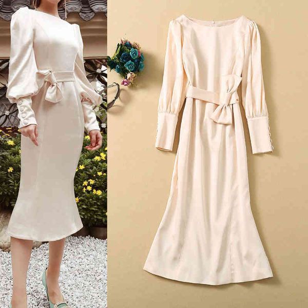 

casual dresses autumn ladies' style temperament straight neck slim fitting fishtail dress bow tie lace up, Black;gray