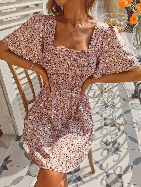 

ditsy floral print square neck shirred dress g7zu#, Black;gray