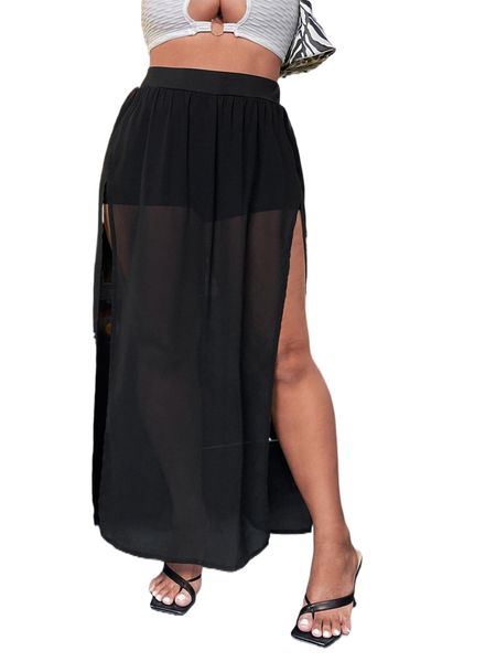 

plus high waist chiffon slit skirt z5mh#, Black