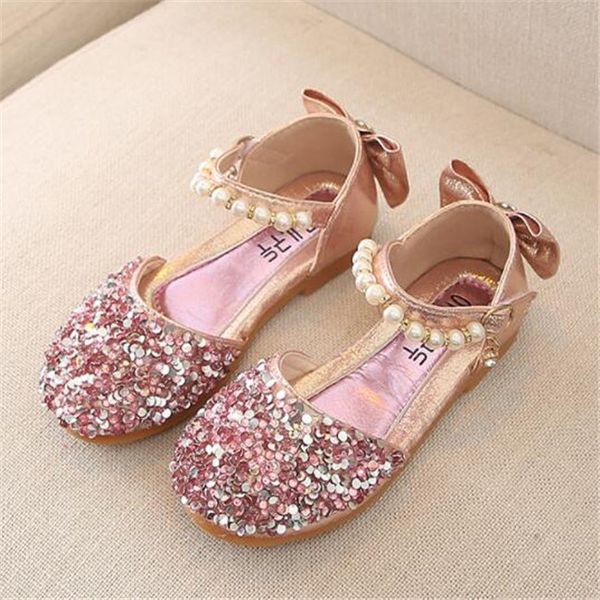 Scarpe da principessa per bambina con sandalo bowknot Scarpe da principessa per bambina Sandali piatti in pelle bling Moda con paillettes morbide Scarpe scintillanti per feste da ballo per bambini