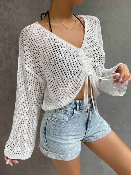 

drop shoulder open knit ruched knot without bra x8ep#, White;black