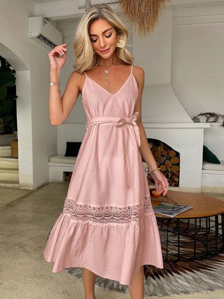 

simplee contrast guipure lace belted cami dress m382#, Black;gray