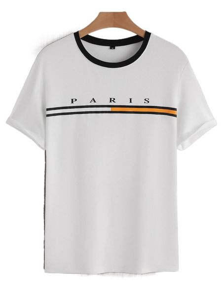 

men striped & letter graphic contrast trim tee p1yq#, White;black
