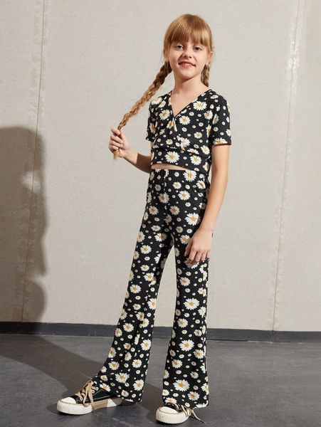 

girls daisy floral and flare leg pants set she, White