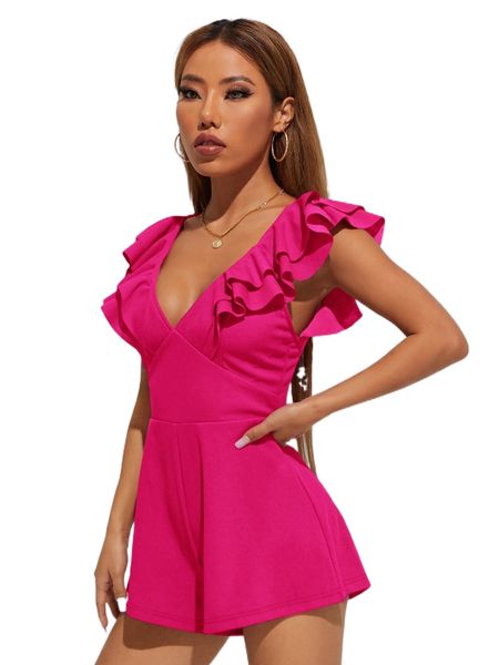 

petite plunging neck ruffle trim crisscross back romper x92u#, Black;white