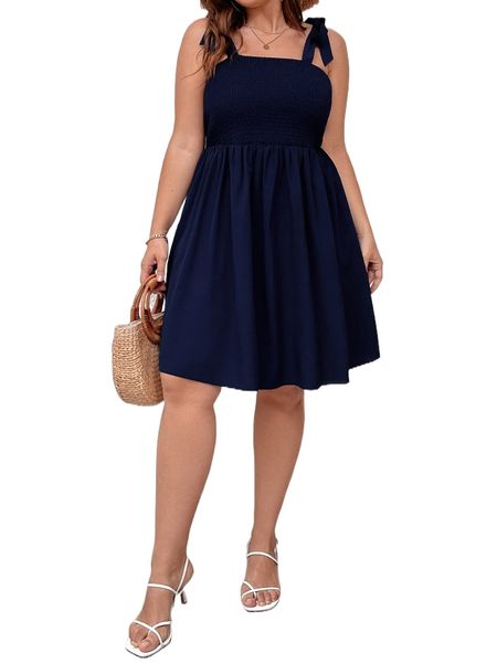 

plus knot strap shirred dress x7ge#, Black