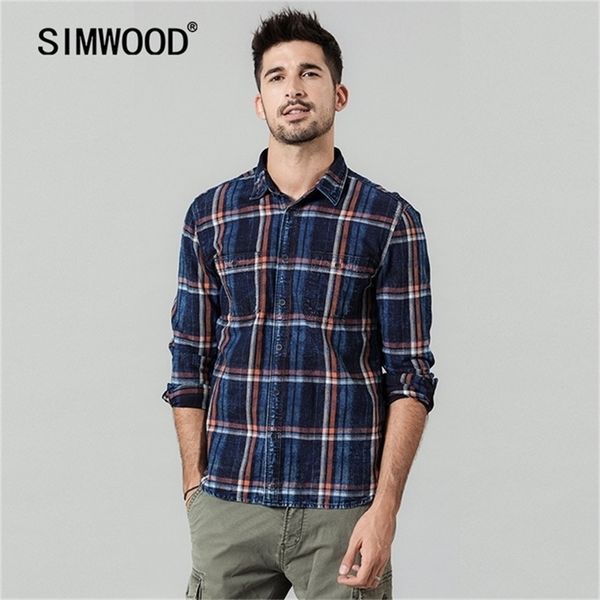 

2020 autumn new vintage denim shirts men plaid vintage indigo washed plus size high quaity 100 cotton shirt lj200925, White;black