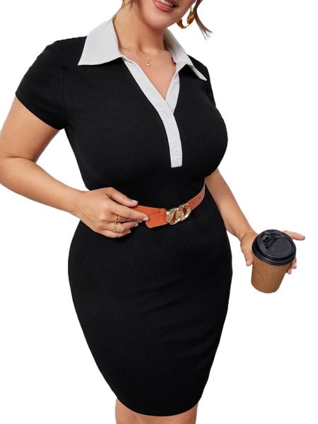 

plus contrast collar rib knit bodycon dress without belt d768#, Black