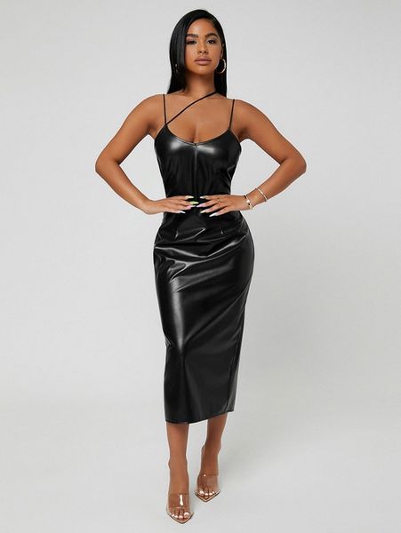 

strap detail slit back pu leather cami dress v3tc#, Black;gray