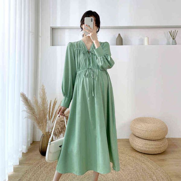

2022 spring korean fashion thin cotton maternity long dress elegant chic ins a line slim loose clothes for pregnant women g220418, White