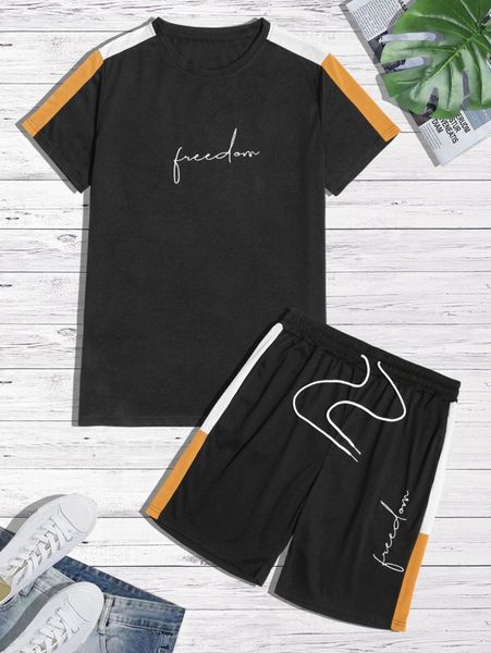 

men letter graphic contrast side seam tee & drawstring waist shorts f9n8#, Gray