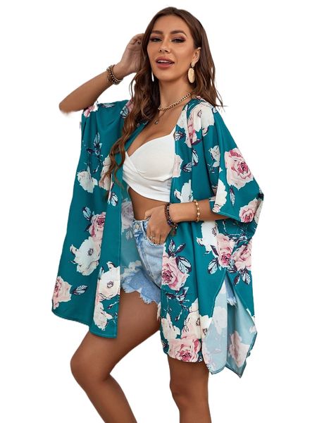 

floral print split kimono y7bl#, White;black