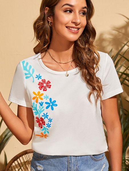 

floral print round neck tee t0ou#, White