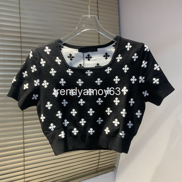 

women's knits & tees spring and summer pullover slim fit short cross jacquard square collar navel exposed sleeve knitted top, White