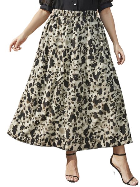 

plus leopard print elastic waist skirt 32ea#, Black