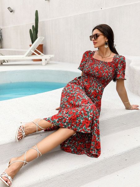 

allover floral print shirred dress l1am#, Black;gray