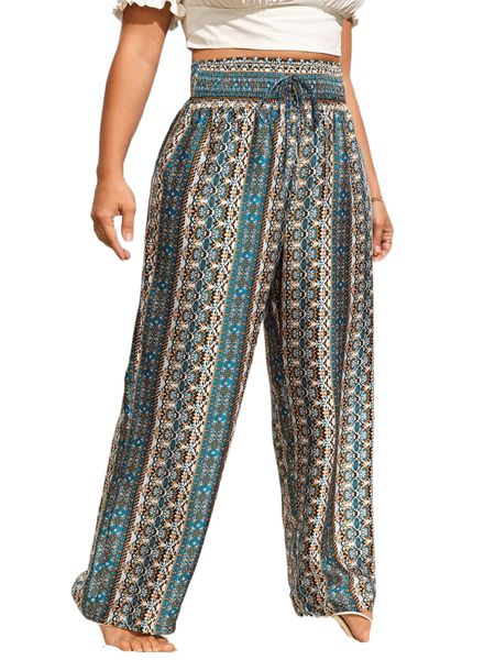 

plus allover floral print shirred waist wide leg pants e6q3#, Black