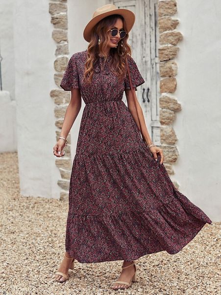 

ditsy floral tie neck a-line dress y4pj#, Black;gray