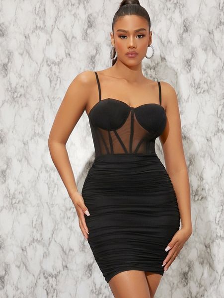 

sheer mesh insert seam front ruched dress 18zs#, Black;gray