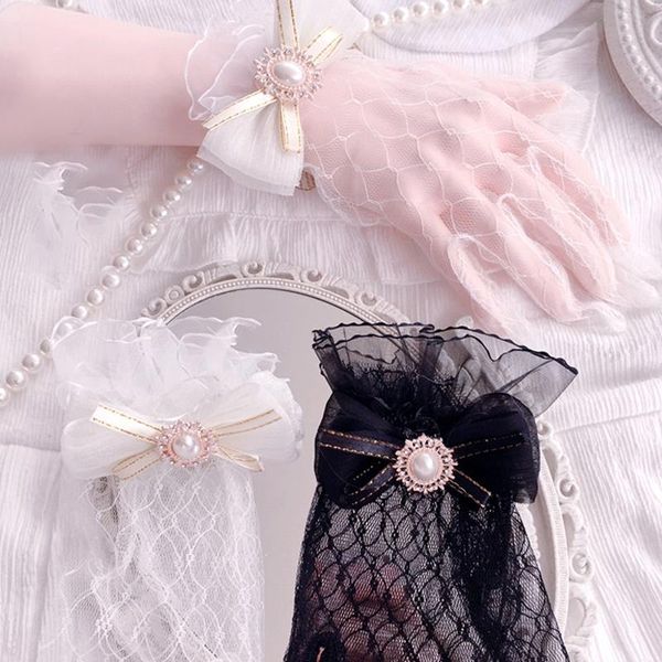 Guanti a cinque dita Lolita pizzo trasparente bianco nero colore completo bowknot accessori da sposa eleganti da sposa splendidi polsini cosplay