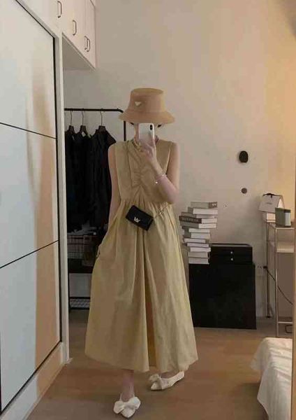 

casual dresses summer south korea dongdamen waist closed elegant temperament long round neck sleeveless dress skirt kpi3, Black;gray