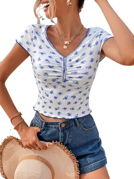 

ditsy floral ruched lettuce trim tee f08l#, White