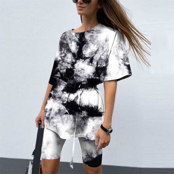 

casual tie dye women two piece sets with belt home loose sports tracksuits fashion leisure bicycle suit summer clothing 210709, White
