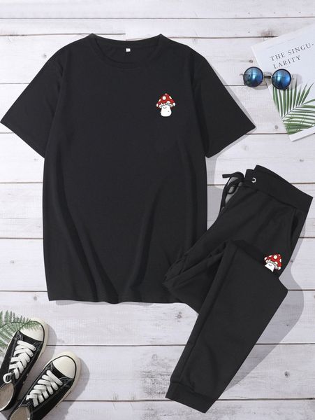 

men mushroom print tee & drawstring waist sweatpants s6pu#, Gray