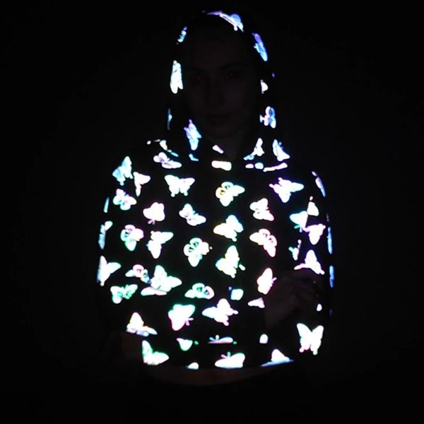 

butterfly reflective hoodie women crop hooded sweatshirt short clothing, Black