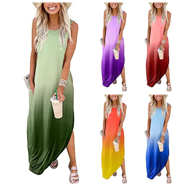 

dresses maxi gradient color dress fashion summer casual round neck dresses plus size sleeveless print pocket streetwear female apparel cloth, Red;yellow