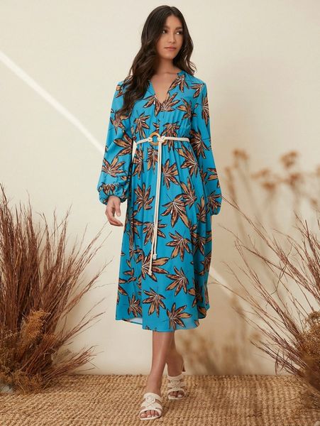 

leaf print backless lantern sleeve dress without belt n3c0#, Black;gray