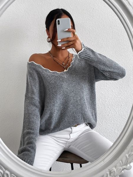 

drop shoulder scallop trim sweater 158x#, White;black