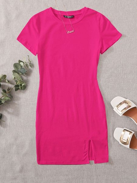 

neon pink split hem solid dress q7jp#, Black;gray