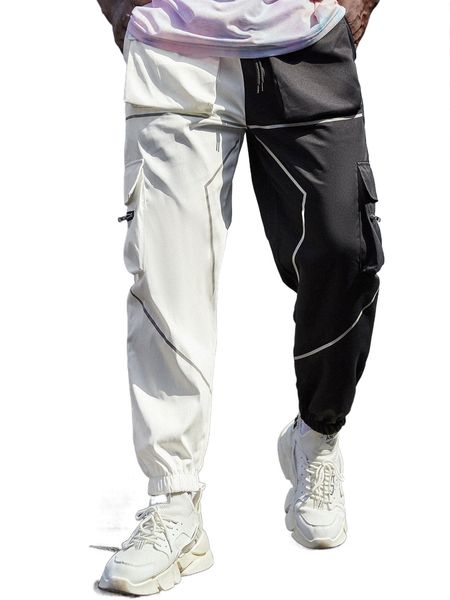 

extended sizes men flap pocket colorblock cargo pants 55bj#, Black