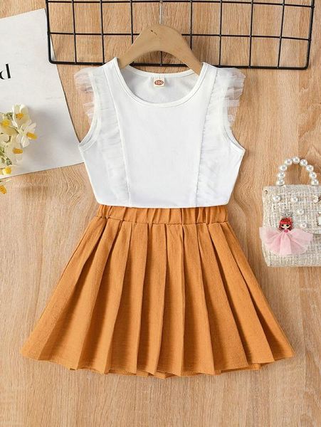 

toddler girls mesh trimed tank & pleated skirt she, White
