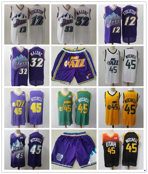 

utah''jazz''men jersey john 12 stockton karl 32 malone donovan 45 mitchell basketball jerseys basketball shorts purple b, Black;red