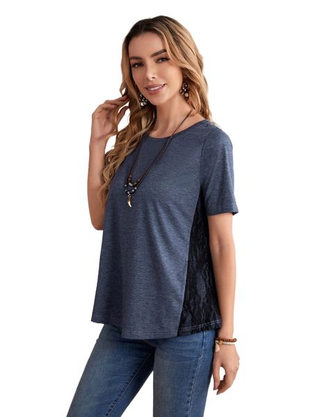 

emery rose c.ontrast l.ace crew n.eck tee m77p#, White