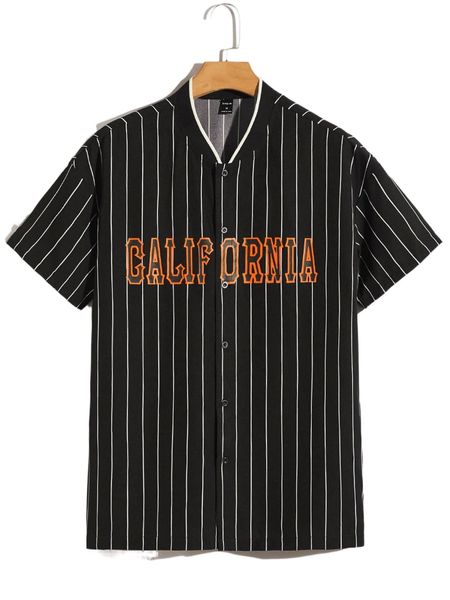 

men striped & letter graphic button front shirt 26ay#, White;black