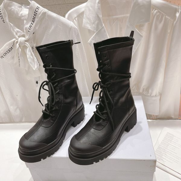 

leather mid-tube martin boots women's platform lace-up boots designer woman, Black