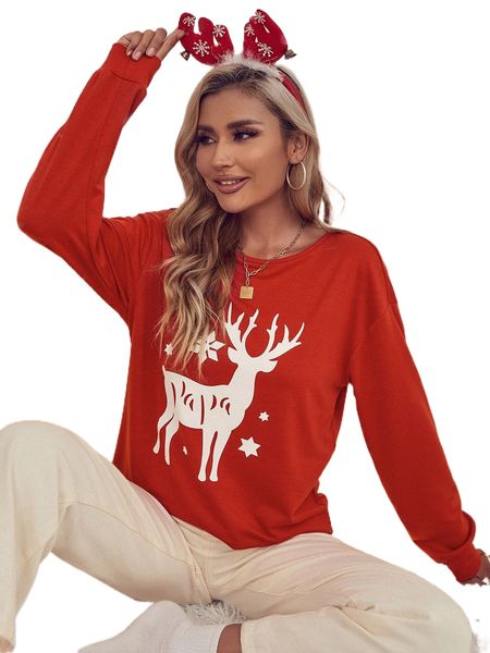 

christmas elk & snowflake print drop shoulder pullover t0rm#, Black