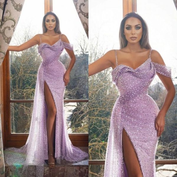 2022 Vestidos de baile Lilac longo glitter spaghetti tiras split laterais altos vestidos de noite sexy