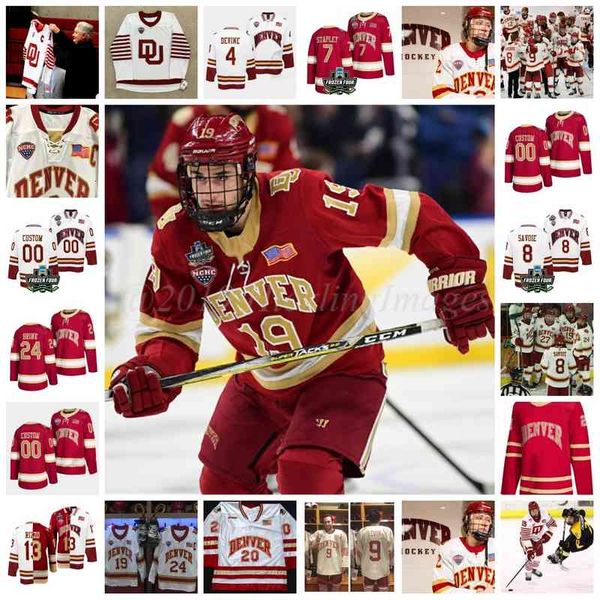 

xflsp 2022 college frozen four championship custom denver pioneers du ice hockey jersey 19 daniel doremus 9 gabe levin 4 will butcher 11 nol, Black