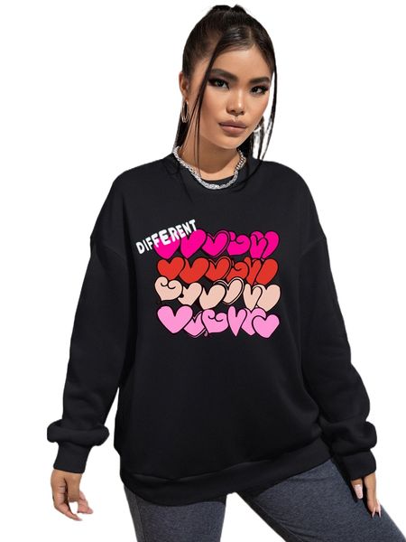 

heart & letter graphic drop shoulder sweatshirt j9sl#, Black