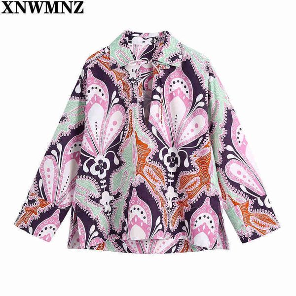 

xnwmnz fashion women printed blouse with scrunchie woman v neck long sleeve asymmetric hem loose female 210513, White