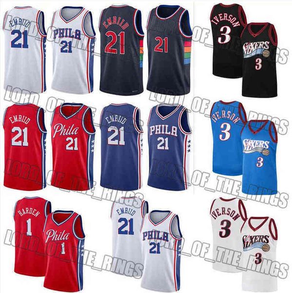 

james 1 harden basketball jerseys philadelphias 76er joel 21 embiid allen 3 iverson mens julius 6 erving vogue breathable, Black;red