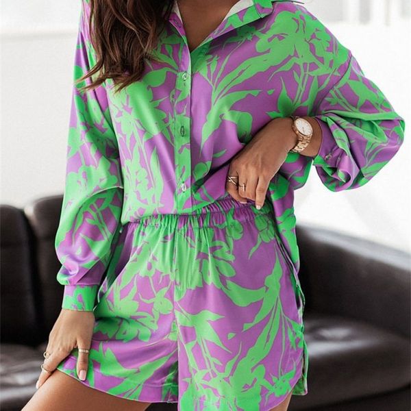 

casual long sleeve loose sport outfit fashion printed two piece suits elegant lapel button shirts and elastic waist shorts sets 220810, White